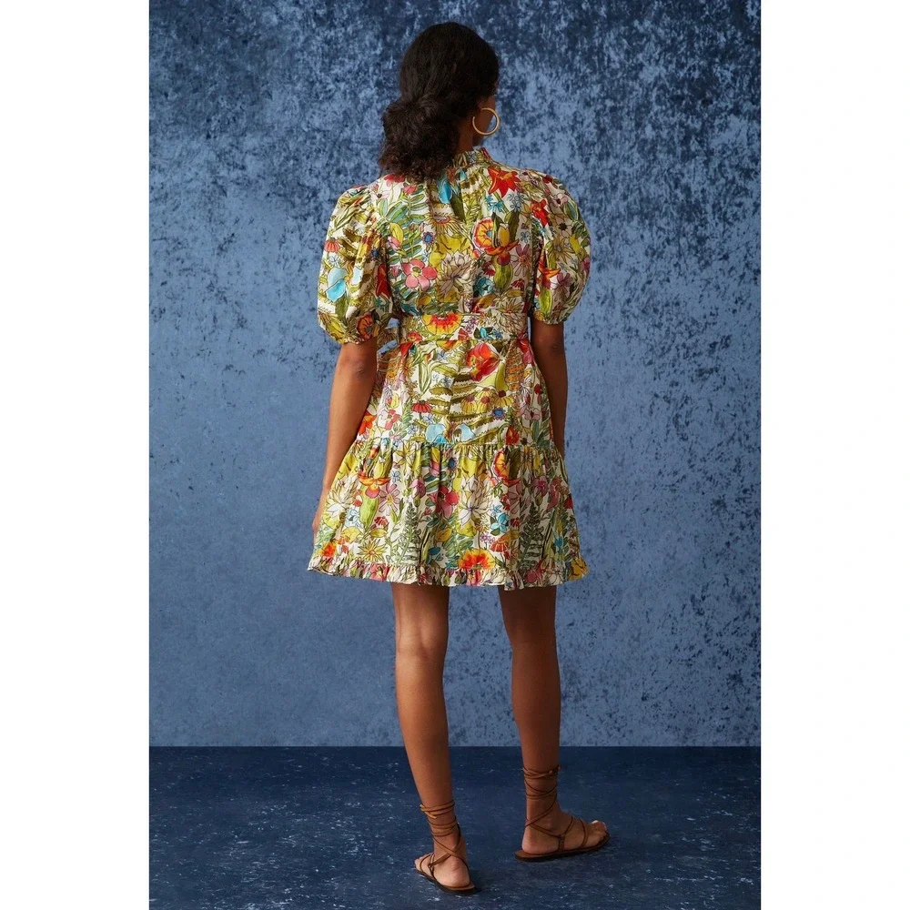 Marie Oliver Clara Floral Palm‎ Mini Dress Sz XS Multi Puff Sleeve Tiered Resort - Picture 9 of 12